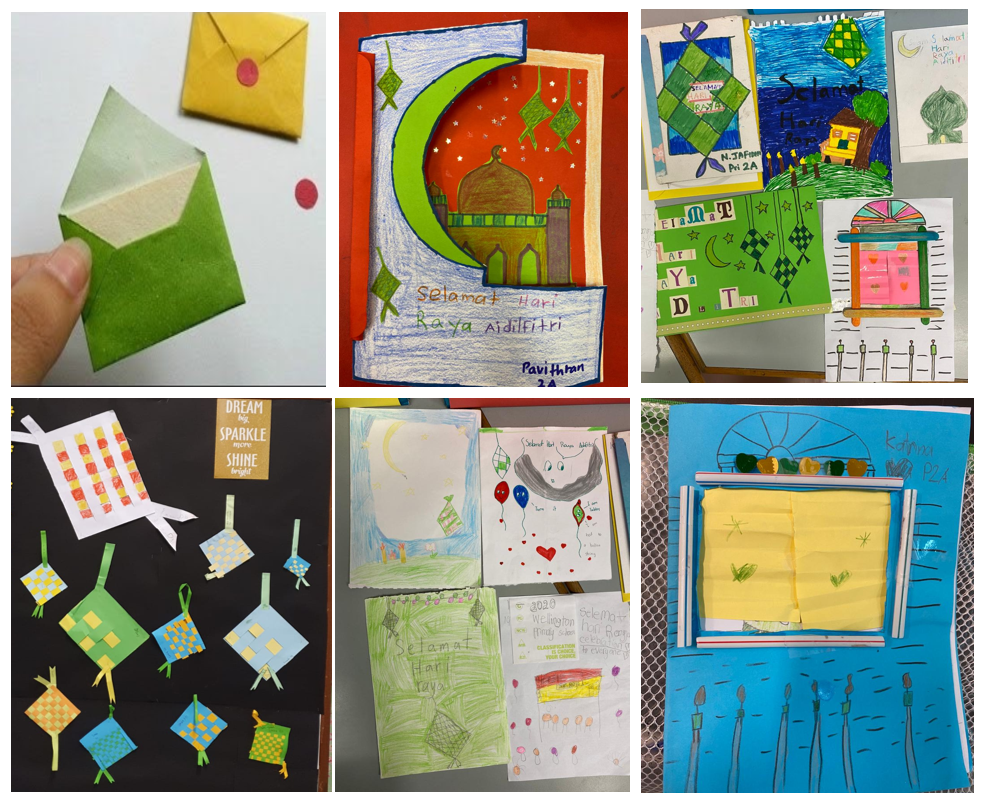 Six children's handmade Hari Raya cards featuring drawings of mosques, ketupat, crescent moons, and Eid greetings.